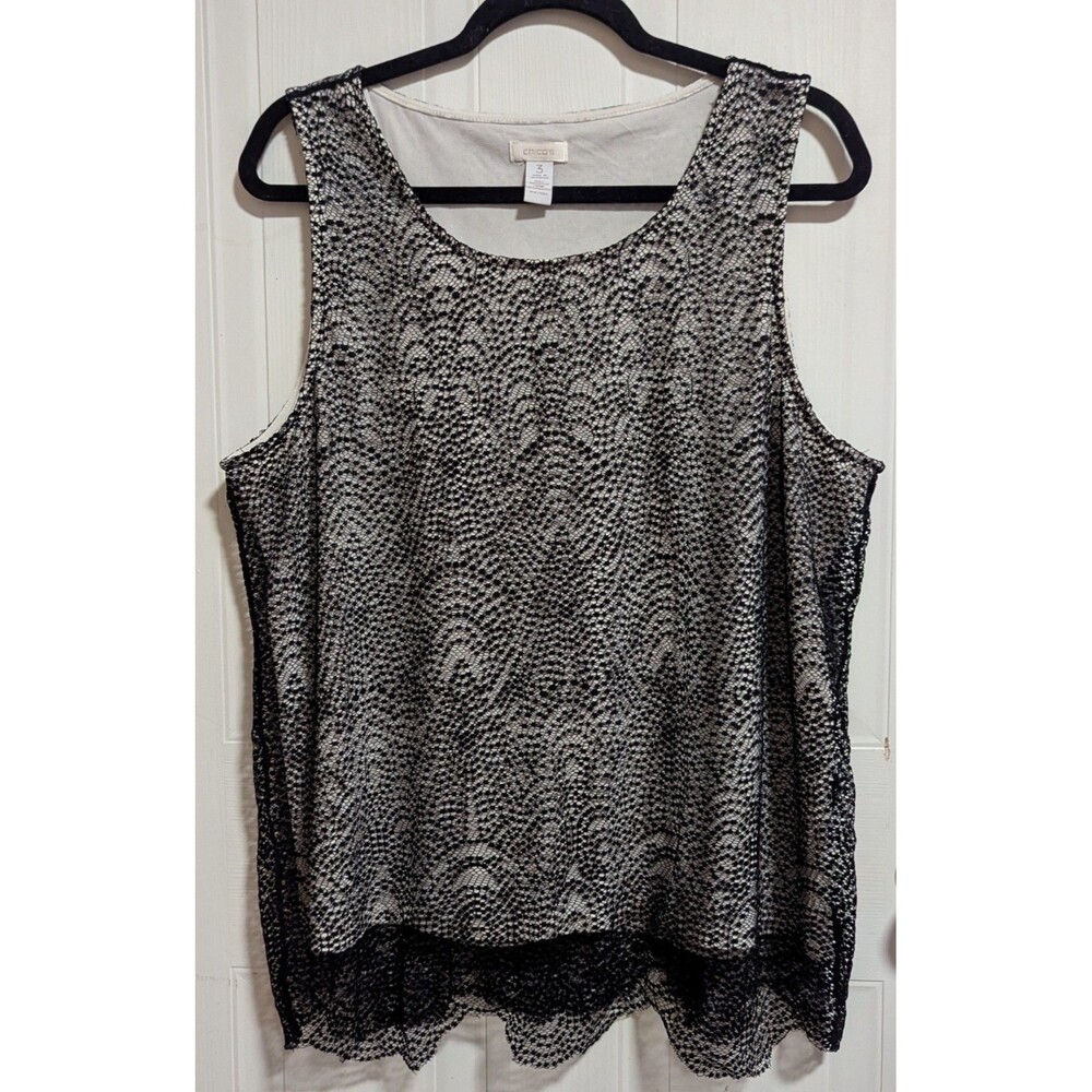 Chico's Size 3 Black White Floral Lace Overlay Scoop Neck Sleeveless Tank